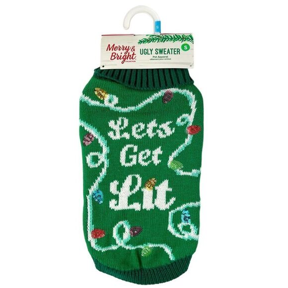 Merry & Bright Let’s Get Lit Green Christmas Holiday Dog Sweater Size Small - Picture 1 of 5